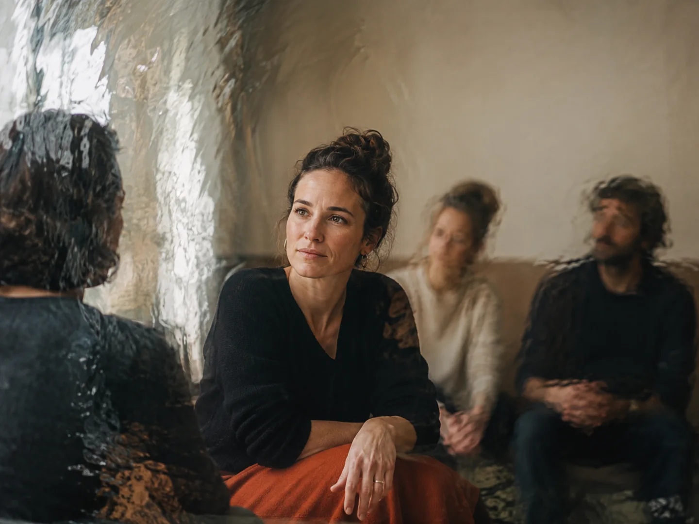A woman listening while other figures appear through rippled glass