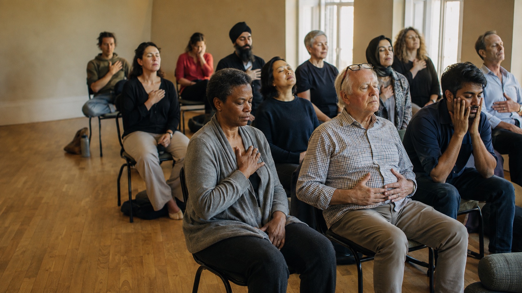 A room of seated adults with their eyes closed, several with a hand resting on their own chest or belly