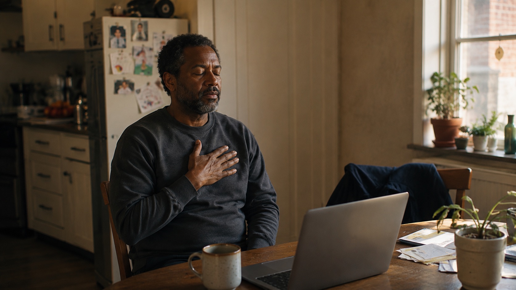 A man alone at a kitchen table in front of an open laptop, eyes closed, one hand on his chest