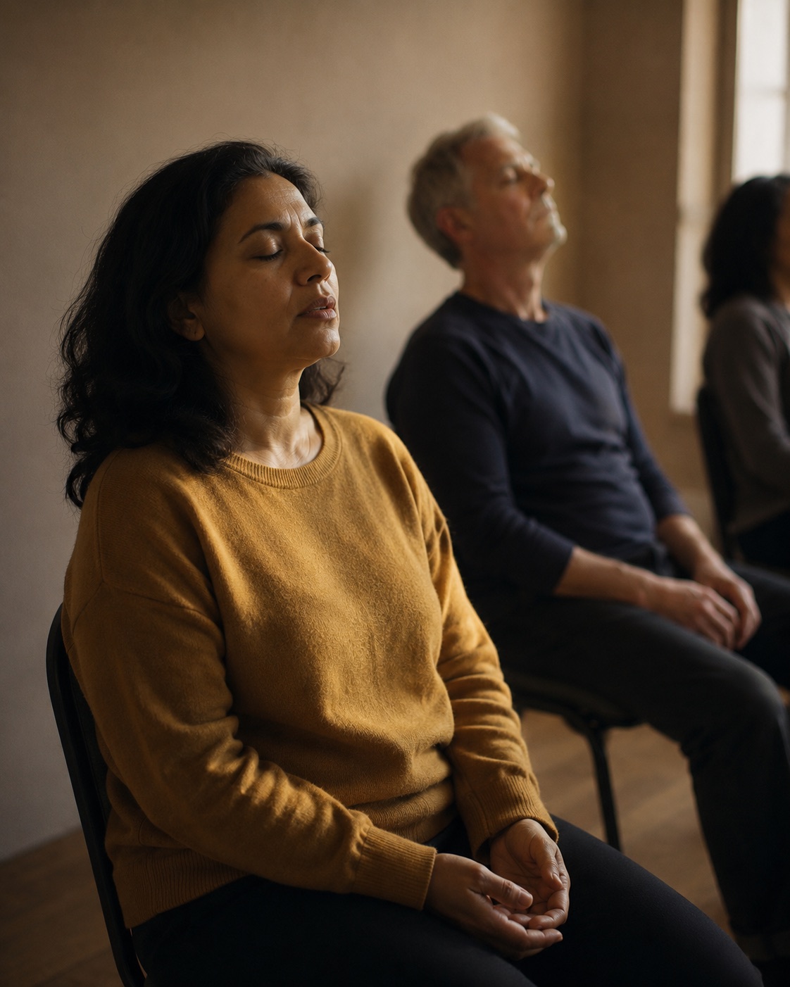 A woman seated with her eyes closed and one hand flat on her own breastbone, two others behind her in the same posture