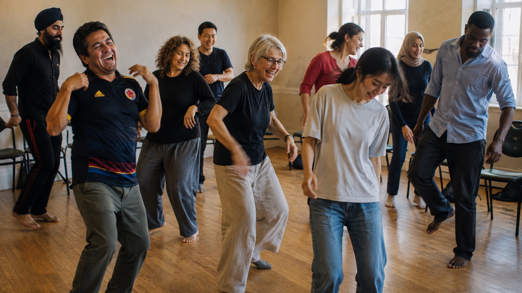 Nine adults standing in a wooden-floored room, shaking their arms out loosely, several of them laughing