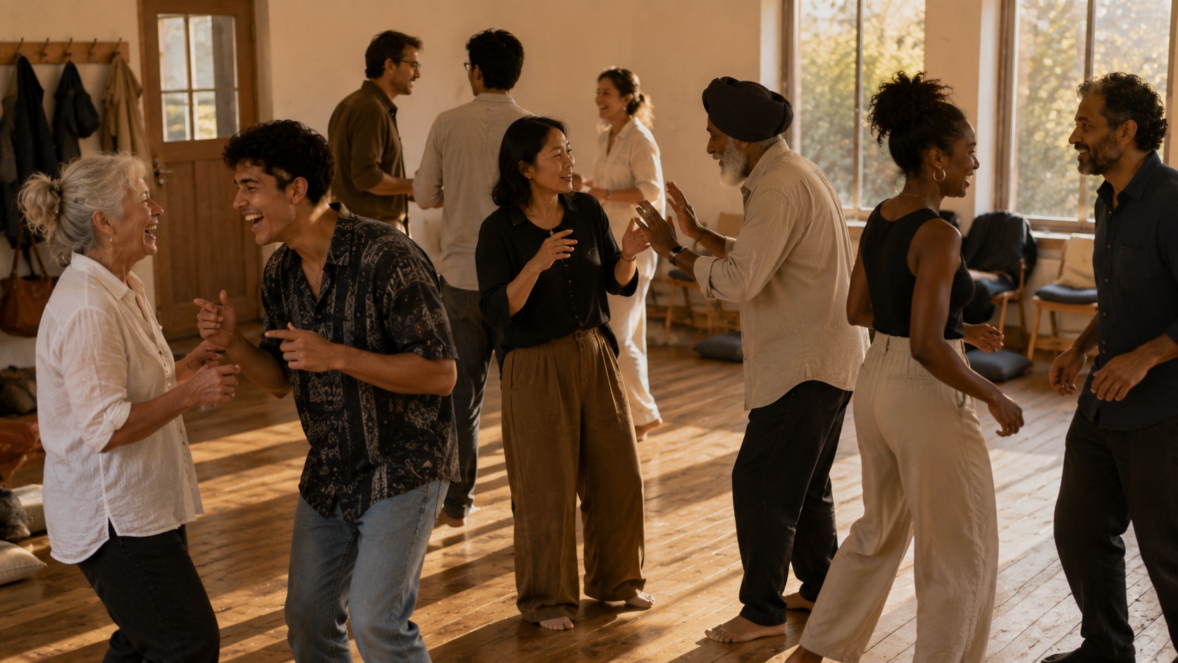People standing in loose pairs mid-game, laughing, warm light across a wooden floor, coats hung by the door