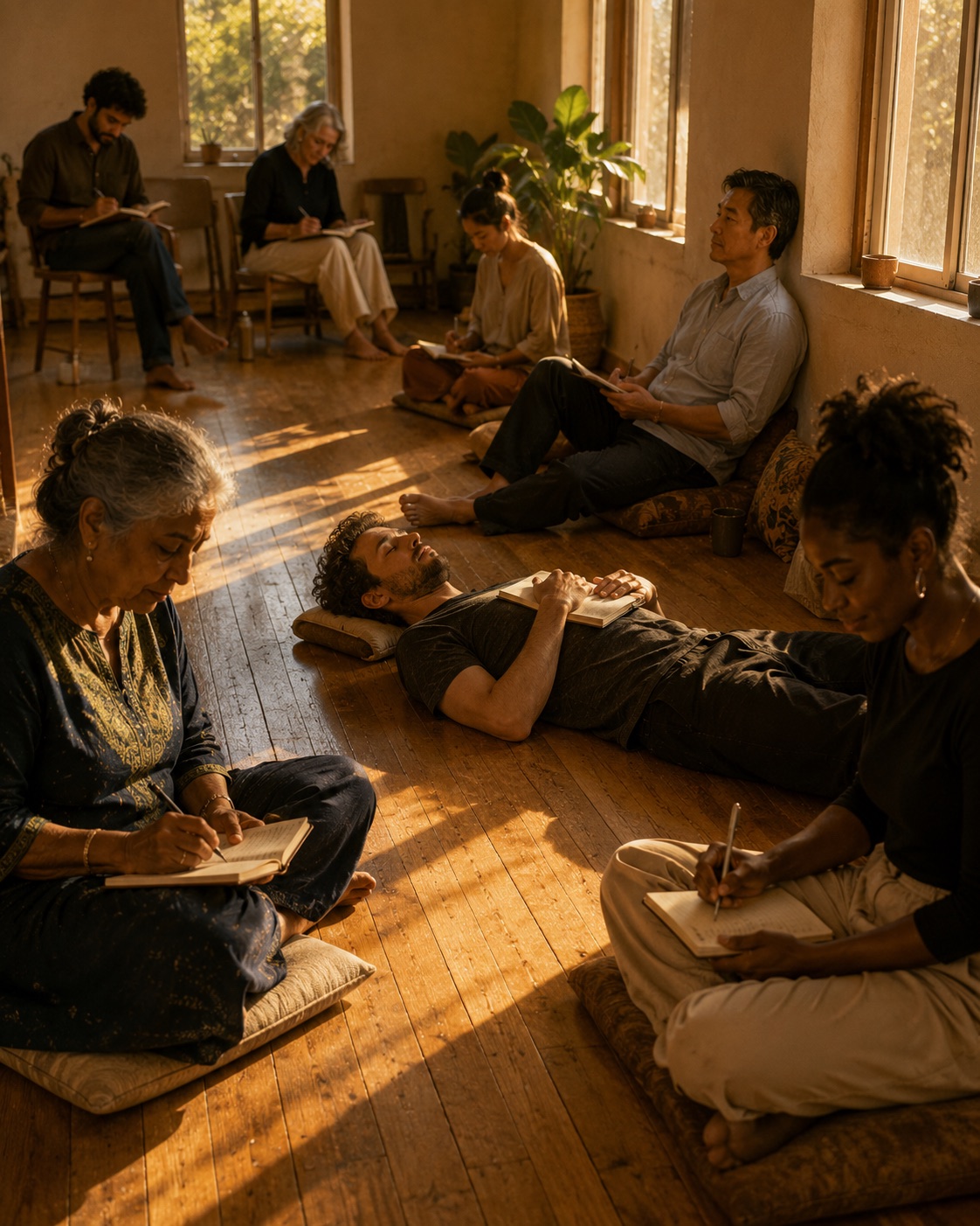 The room at the end of a session in low golden light: people scattered with notebooks, one lying on his back with his notebook closed on his chest