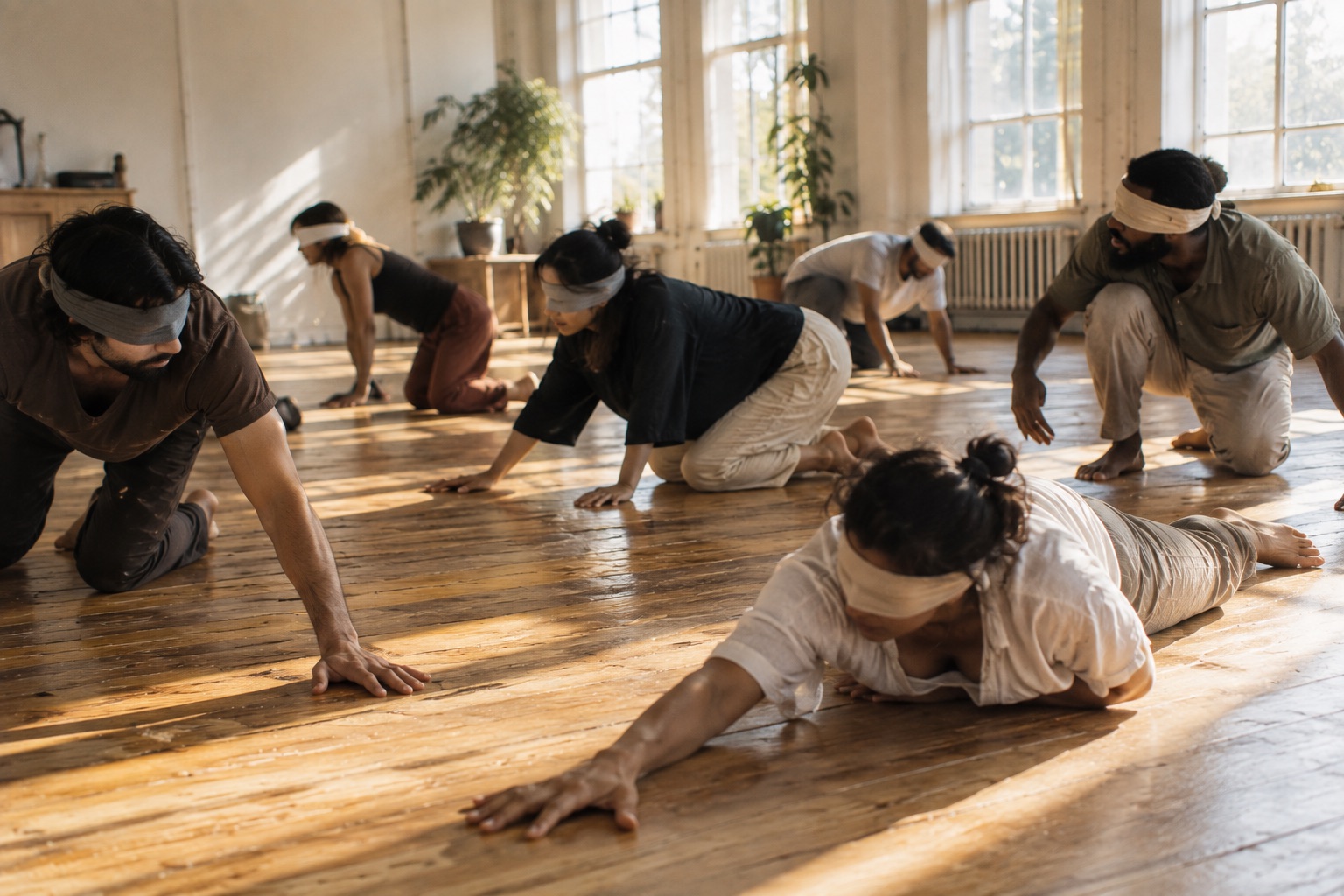 Blindfolded people moving low across a sunlit wooden floor on hands and knees, feeling their way forward