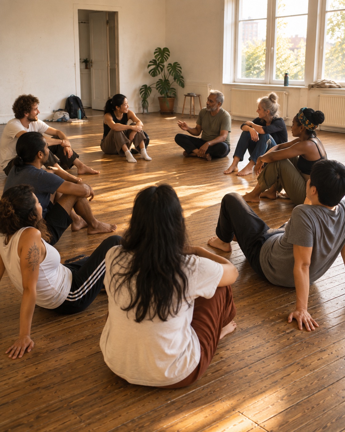 The group seated in a loose circle on the floor at the end of a session, one person mid-sentence, the rest listening, low warm light