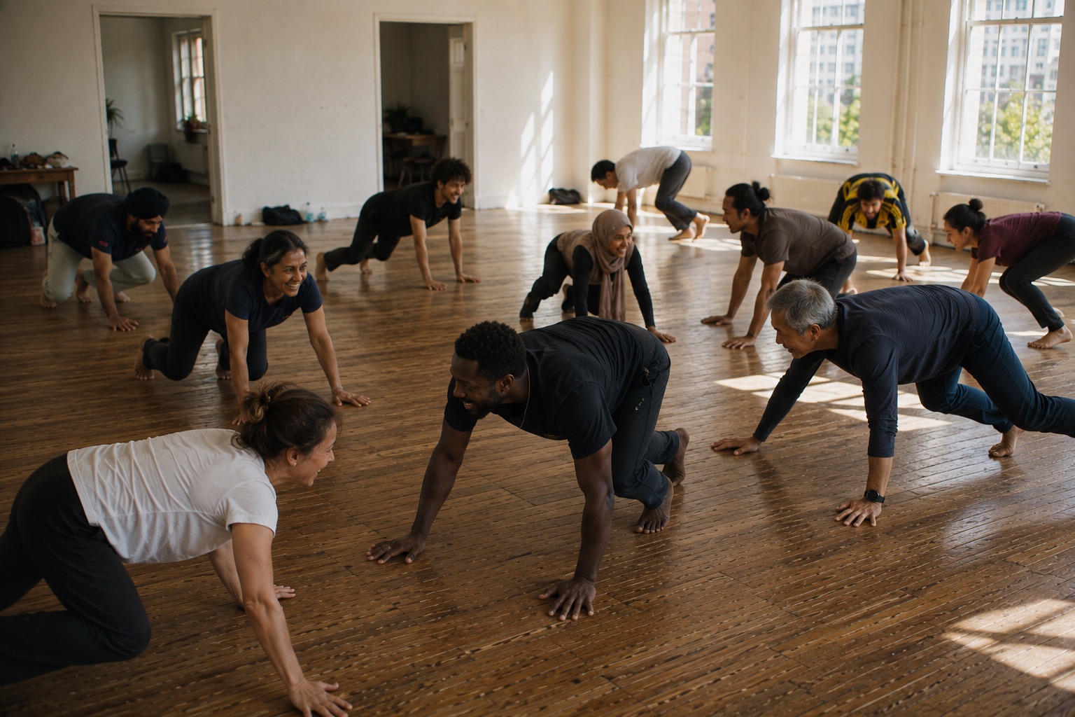 A dozen adults of different ages and backgrounds crossing a sunlit wooden floor on all fours, laughing