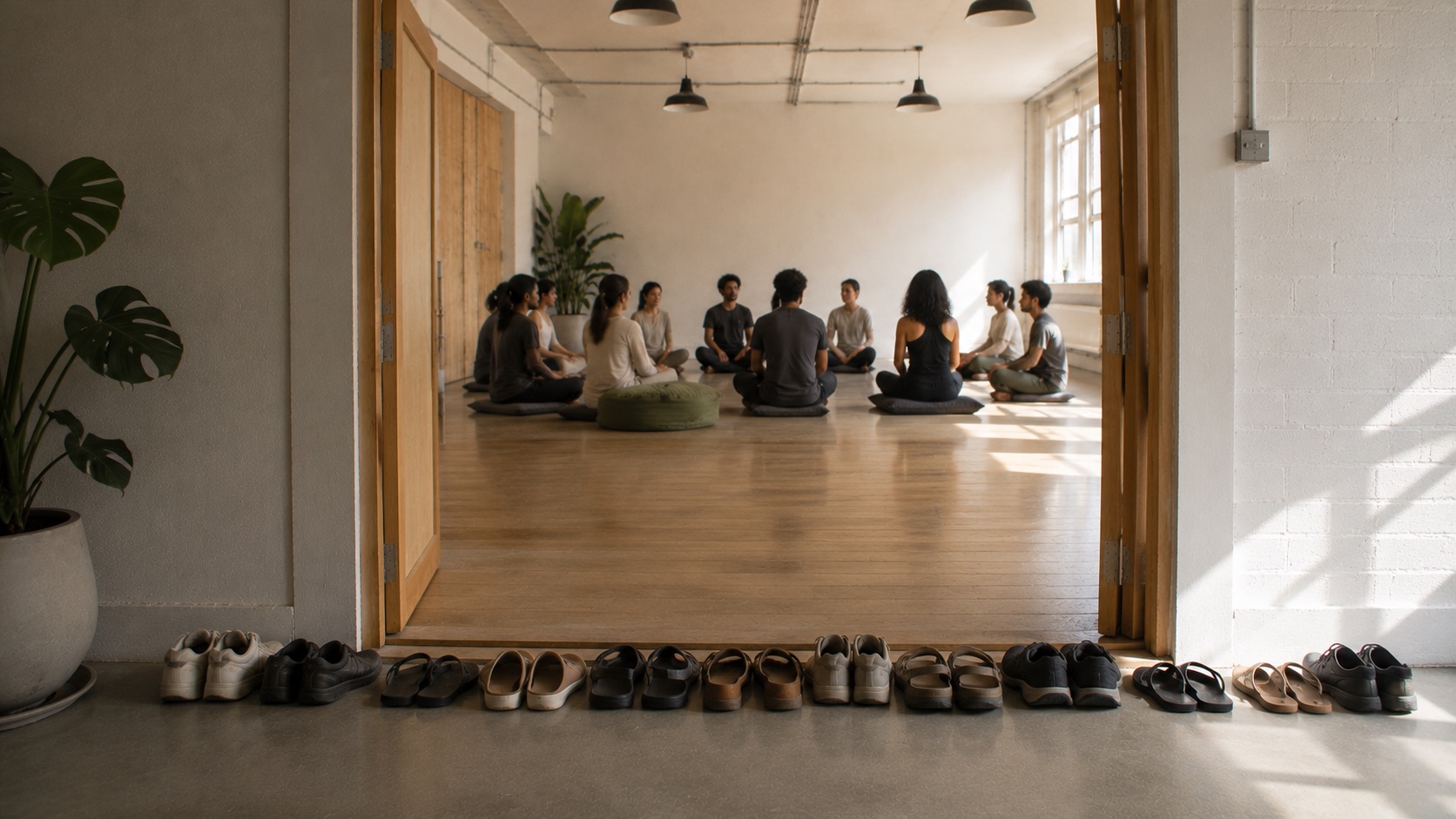 Seen from the doorway: a group seated in a circle on cushions, shoes left in a row at the threshold
