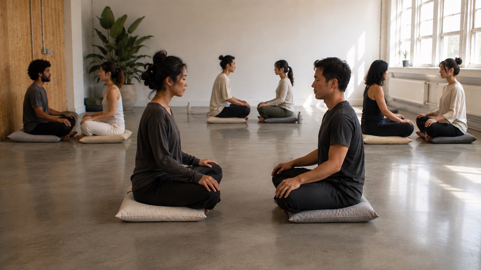 Pairs seated facing each other on cushions across the room, hands resting on their knees