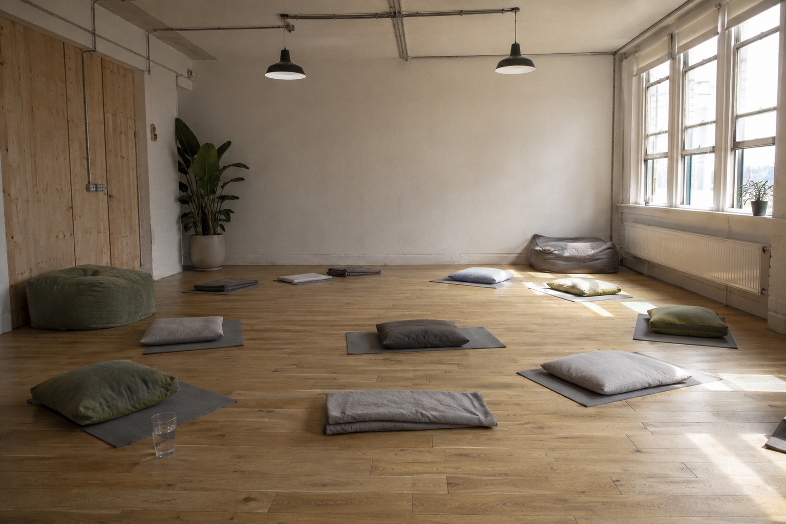 The room laid out before a session: mats, cushions and folded blankets in low natural light