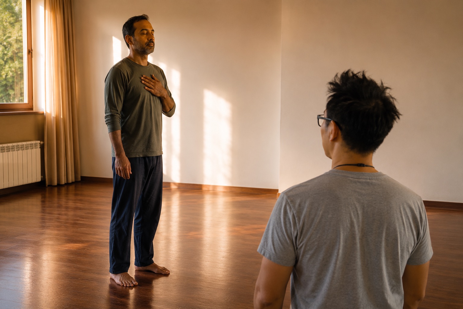 A man standing barefoot in a large empty room with his eyes closed and one palm flat on his own chest, mid-exhale; another man stands several feet away, not mirroring him, looking at the floor