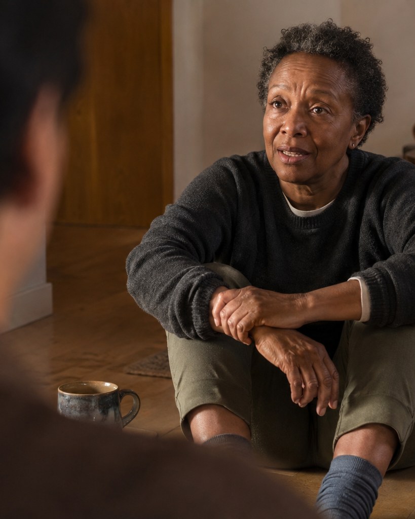 A woman in her fifties sitting on the floor mid-sentence, talking; the person listening is out of focus in the foreground, turned away from the camera
