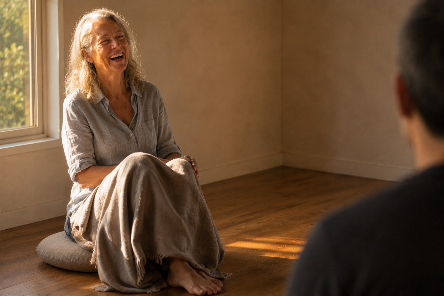 A woman in her sixties sitting on a cushion by a window with a blanket over her knees, laughing, in late gold light; a second figure is just visible out of focus at the edge of the room