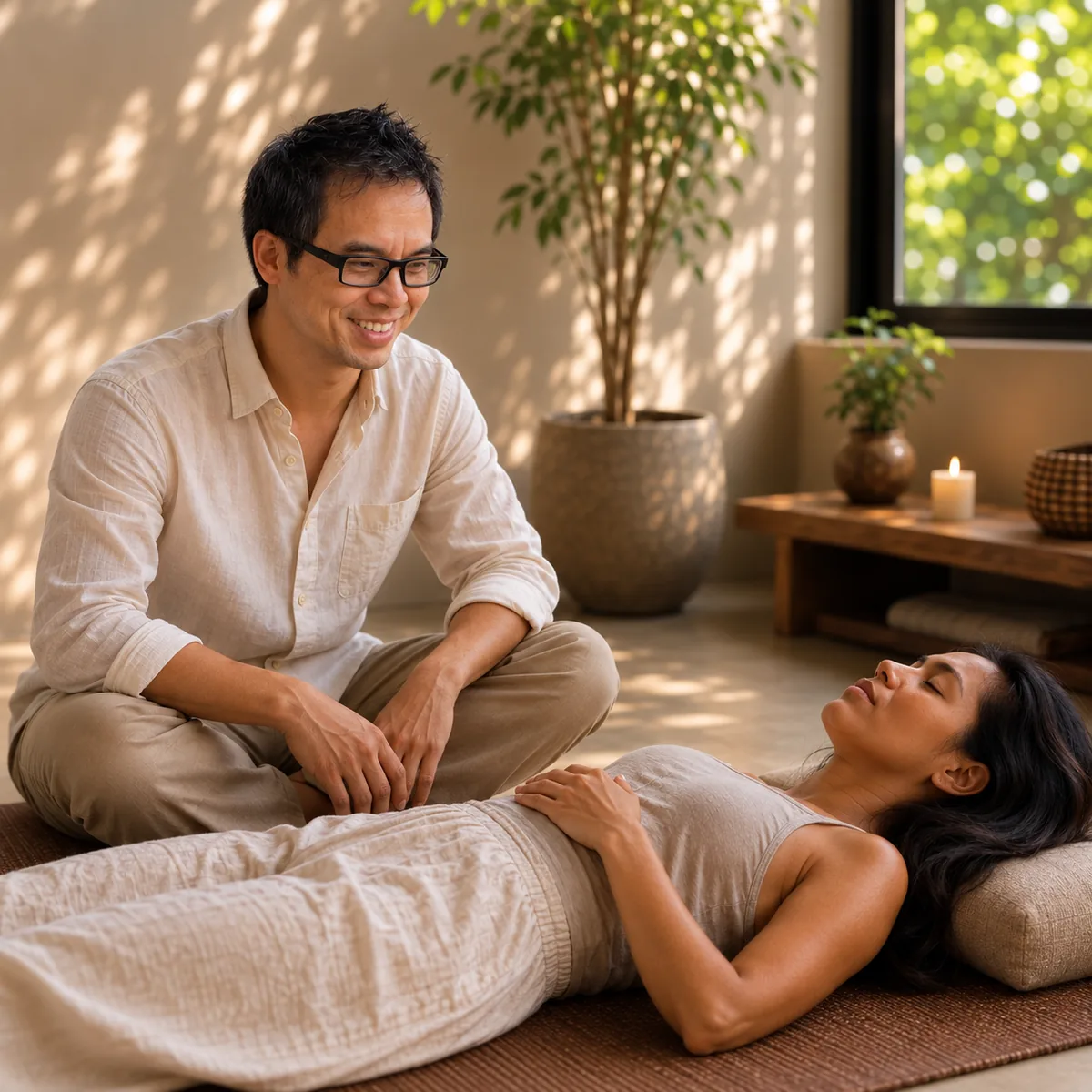 Derrick sitting beside a client resting on a floor mat during a private session